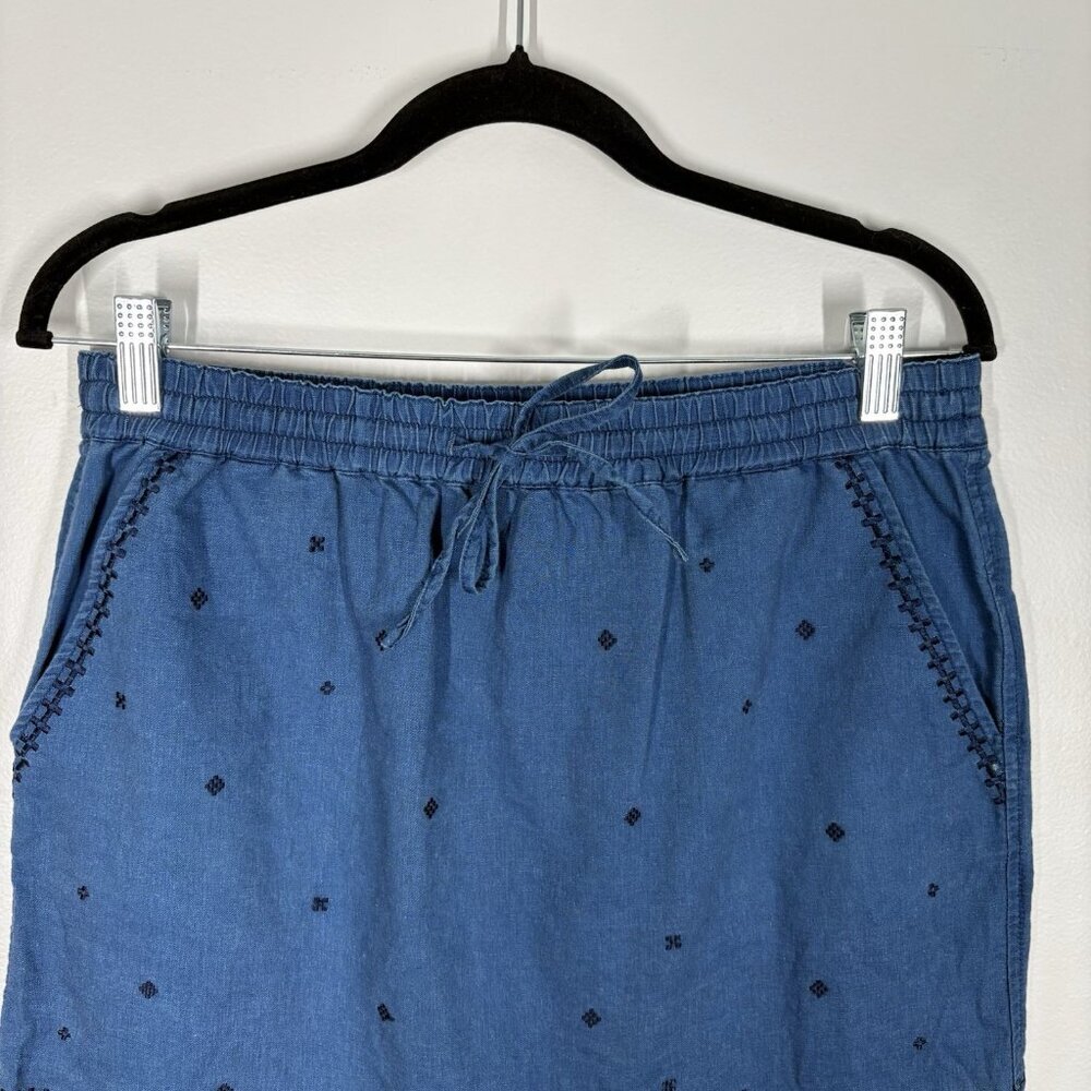 J.Crew Women S Blue Chambray Linen Cotton Embroidered Drawstring Mini Skirt - Picture 5 of 10
